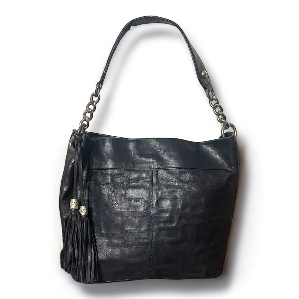 Chic Black Leather Shoulder Bag with Tassel